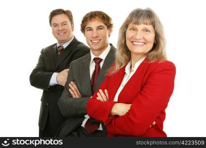 Happy, diverse business team with woman leader out in front. Isolated on white.