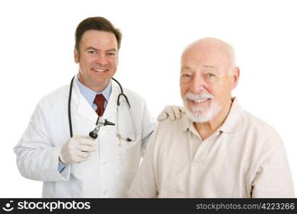 Happy doctor and patient. There is an obvious bond of trust between them. Isolated on white.