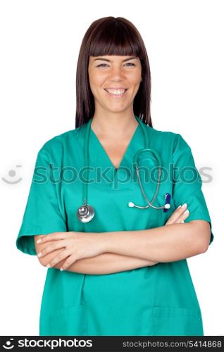Happy doctor woman isolated on white background