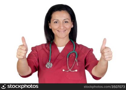 Happy doctor woman saying OK isolated on white background