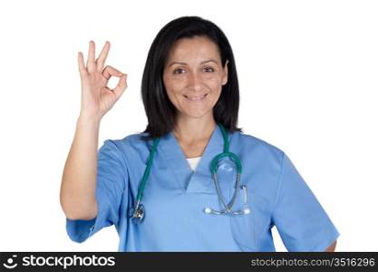 Happy doctor woman saying OK isolated on white background