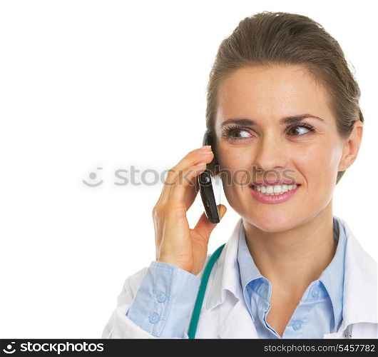 Happy doctor woman talking cell phone