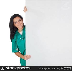 Happy doctor woman with a blank poster isolated on a white background