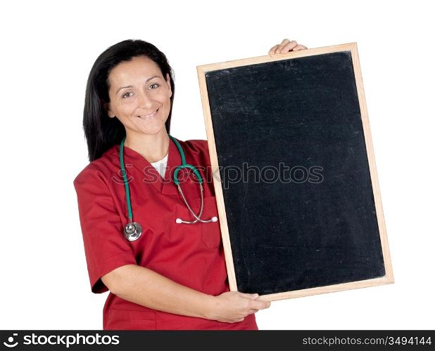 Happy doctor woman with blank blackboard isolated on white background