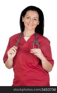 Happy doctor woman with burgundy clothing isolated on white background
