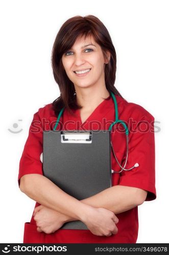 Happy doctor woman with burgundy clothing isolated on white background