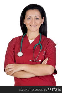 Happy doctor woman with burgundy clothing isolated on white background