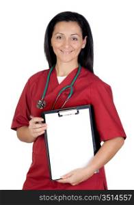 Happy doctor woman with clipboard in blank isolated on white background