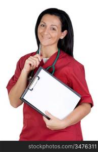 Happy doctor woman with clipboard in blank thinking isolated on white background