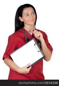 Happy doctor woman with clipboard in blank thinking isolated on white background