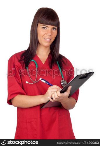 Happy doctor woman with clipboard isolated on white background