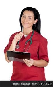 Happy doctor woman with clipboard thinking isolated on white background