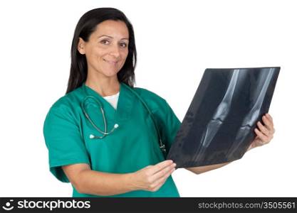 Happy doctor woman with radiography isolated on white background