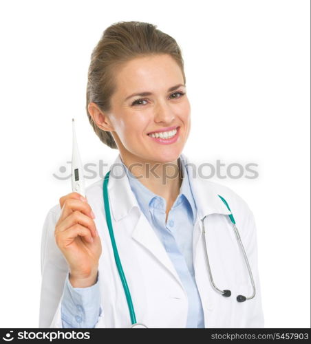 Happy doctor woman with thermometer