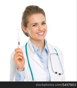 Happy doctor woman with thermometer