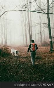 happy dog and owner in foggy forest