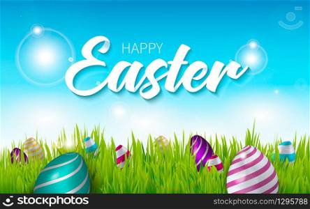 Happy Easter 3d vector illustration. Bright blue sky with green grass background with colourful Easter eggs. Handwriting inscription Happy Easter. Floral paints.. Bright yellow background. Handwriting inscription Happy Easter. Template vector card with eggs, grass and flowers. Floral paints. Lettering, calligraphy.