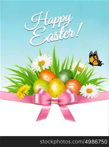 Happy Easter background. Colorful eggs and daisy on green grass. Vector.
