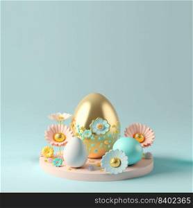 Happy Easter Background with 3D Easter Eggs and Floral