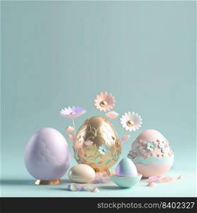 Happy Easter Background with 3D Easter Eggs and Floral for Promotion