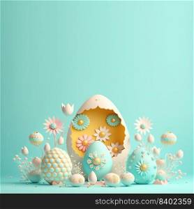 Happy Easter Background with 3D Easter Eggs and Floral for Promotion