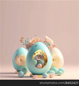 Happy Easter Background with 3D Easter Eggs and Flower