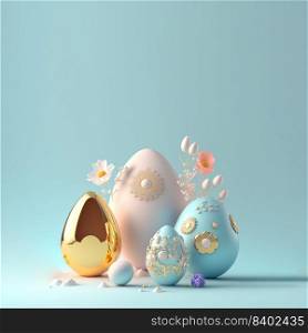 Happy Easter Background with 3D Easter Eggs and Flower Ornament