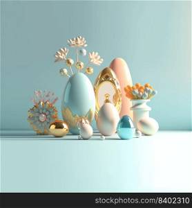 Happy Easter Background with 3D Render Easter Eggs and Floral