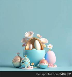 Happy Easter Background with 3D Render Easter Eggs and Floral Decoration