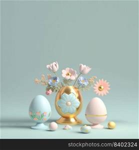 Happy Easter Background with 3D Render Easter Eggs and Floral Ornament