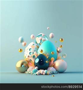 Happy Easter Background with Copy Space In Glosy 3D Eggs and Flower Ornaments