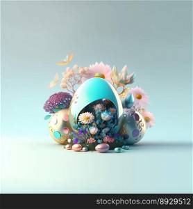 Happy Easter Background with Copy Space In Shiny 3D Eggs and Flower Ornaments
