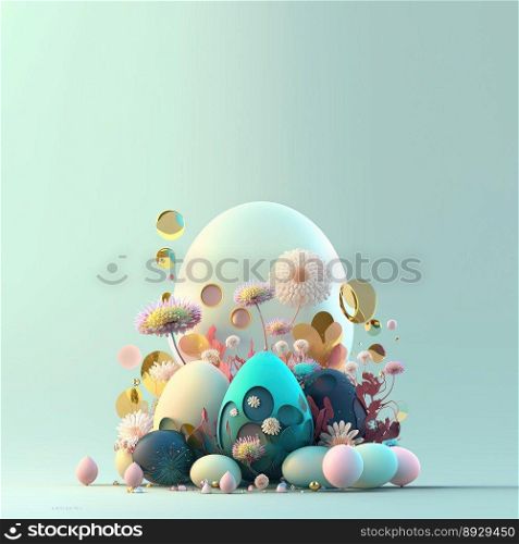 Happy Easter Background with Glosy 3D Eggs and Flower Ornaments