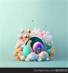 Happy Easter Background with Glosy 3D Eggs and Flowers