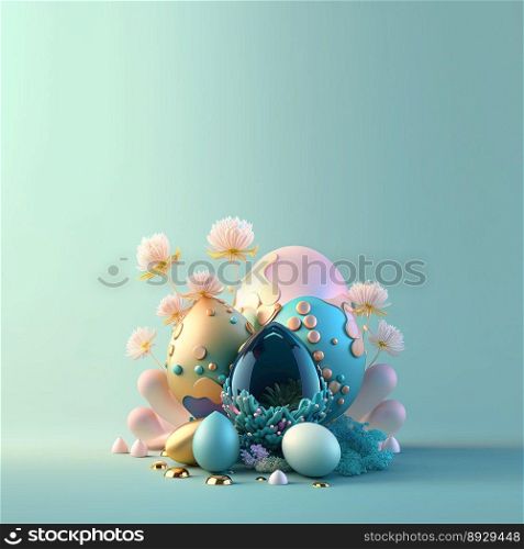 Happy Easter Background with Shiny 3D Eggs and Flower Ornaments