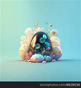 Happy Easter Background with Shiny 3D Eggs and Flowers