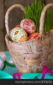 Happy Easter - basket with beautiful Easter egg Pysanka handmade. ukrainian traditional