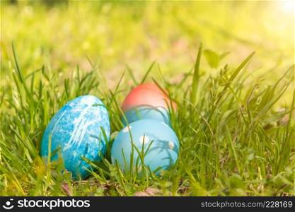 Happy easter, blue organic easter eggs, easter holiday decorations, easter concept backgrounds with copy space