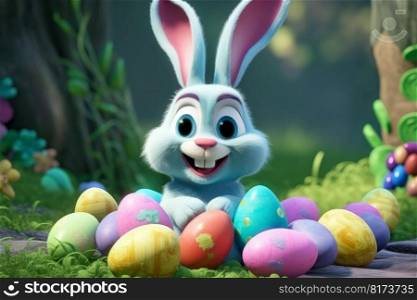 Happy easter bunny. Colorful eggs around him. Generate Ai. Happy easter bunny. Colorful eggs around him