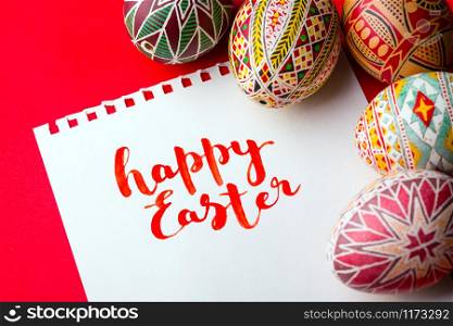 happy easter card. beautiful Easter egg Pysanka handmade - ukrainian traditional