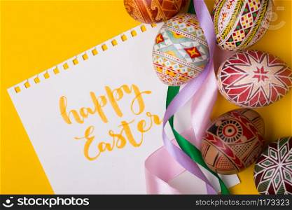happy easter card. beautiful Easter egg Pysanka handmade - ukrainian traditional
