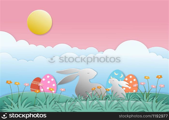 Happy Easter card with bunny, colourful easter eggs, sun, clouds on pink sky background. Vector illustration. Paper cut and craft style for easter day, Vector illustration