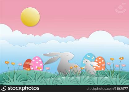 Happy Easter card with bunny, colourful easter eggs, sun, clouds on pink sky background. Vector illustration. Paper cut and craft style for easter day, Vector illustration