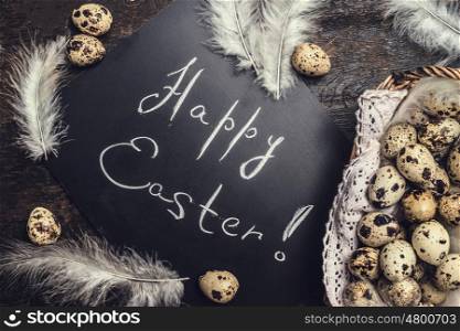 Happy Easter card with eggs and feathers in basket