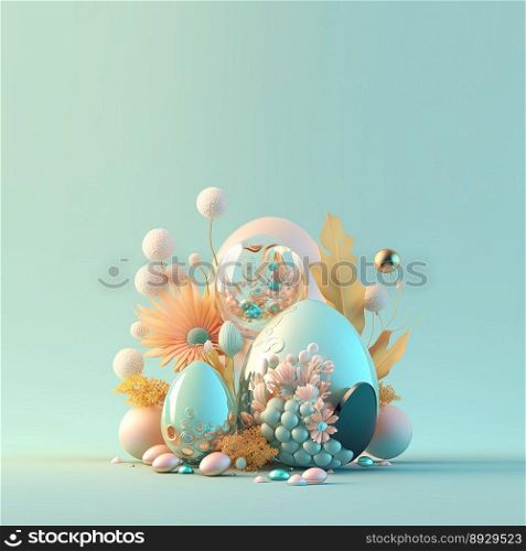 Happy Easter Celebration Background with Copy Space In Glosy 3D Eggs and Flower Ornaments