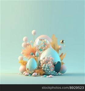 Happy Easter Celebration Background with Copy Space In Glosy 3D Eggs and Flower Ornaments