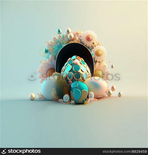 Happy Easter Celebration Background with Glosy 3D Eggs and Flower Ornaments