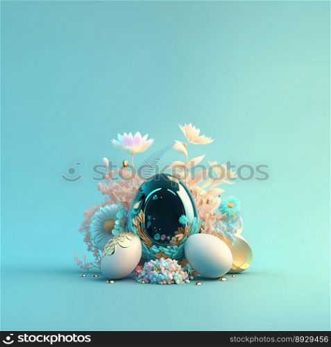 Happy Easter Celebration Background with Shiny 3D Eggs and Flower Ornaments