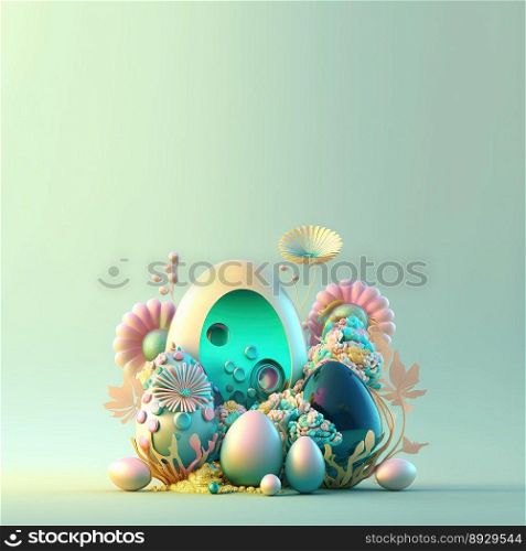 Happy Easter Celebration Background with Shiny 3D Eggs and Flowers