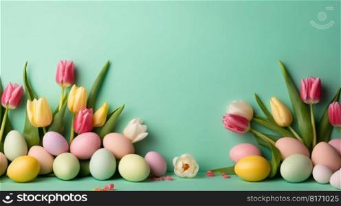 Happy Easter celebration background with tulips and decorative eggs in various colors